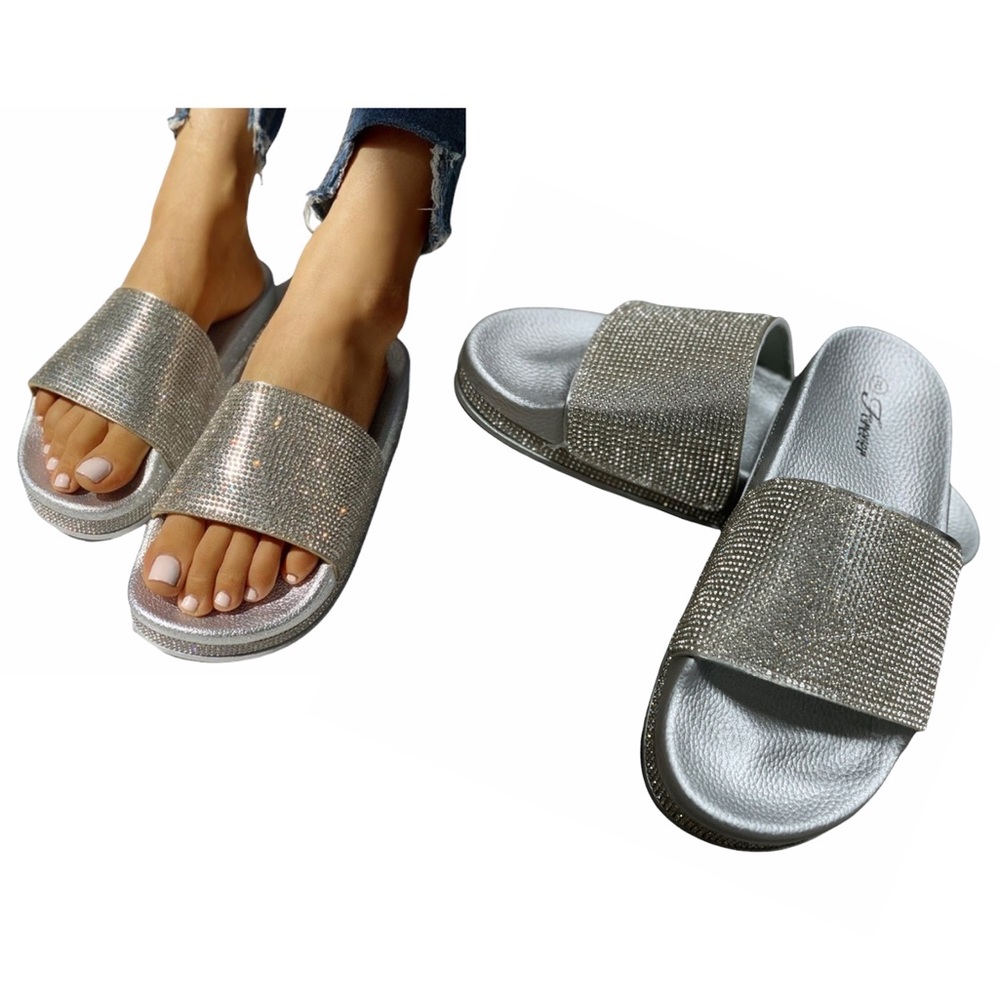 Rhinestone Glitter Slide Slip On Flatform Sandal - Picture 2 of 16